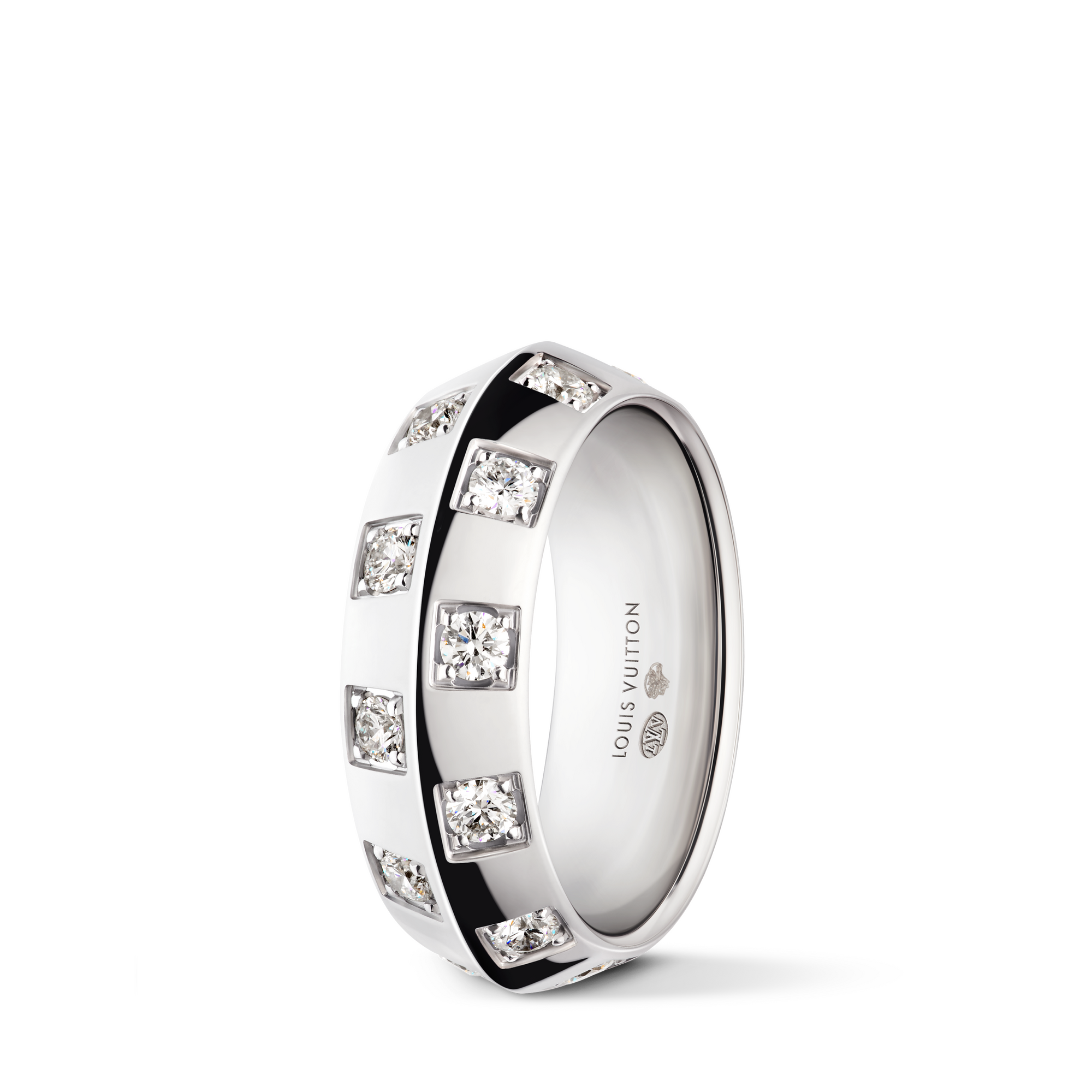 Bague large Le Damier de Louis Vuitton, or blanc et diamants  Joaillerie Catégories Bagues | LOUIS VUITTON (Zoom produit)