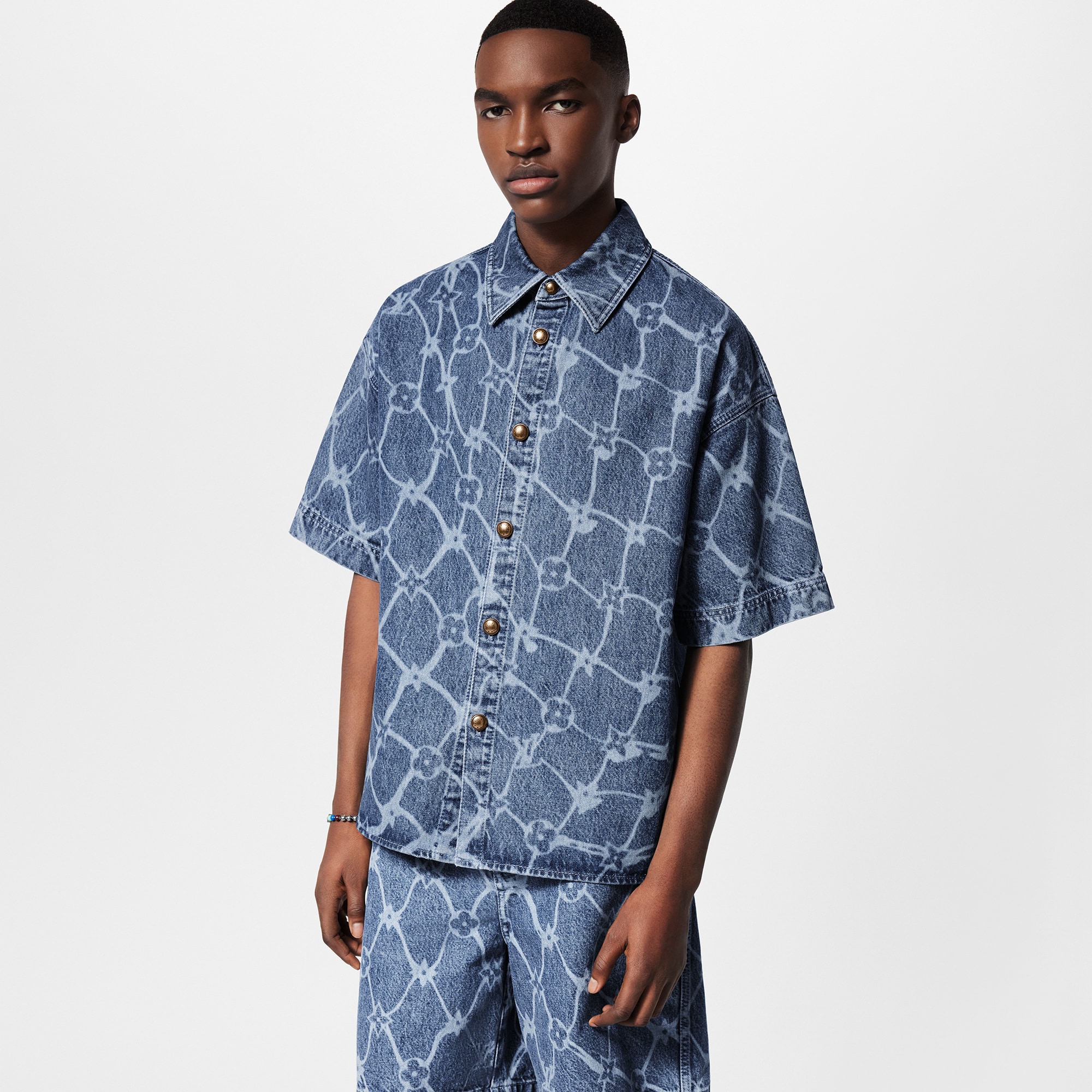 Chemise manches courtes à imprimé Monogram en denim Prêt-à