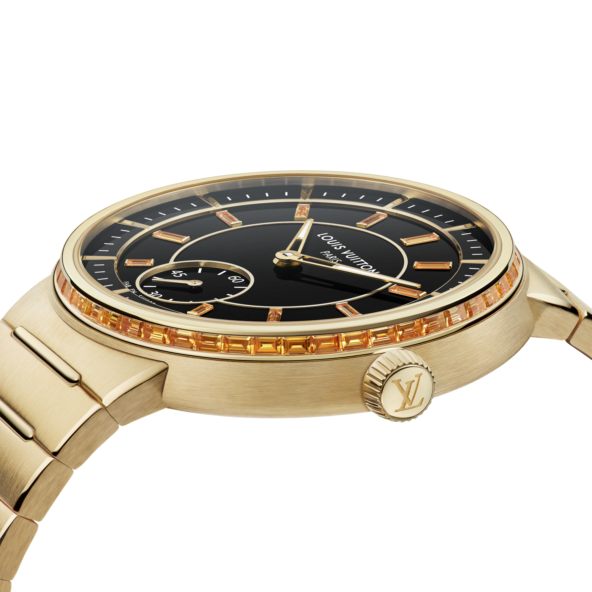 Montre Tambour, automatique, 40 mm, or jaune, onyx, saphirs  Montres Toutes les montres } | LOUIS VUITTON (Zoom produit)