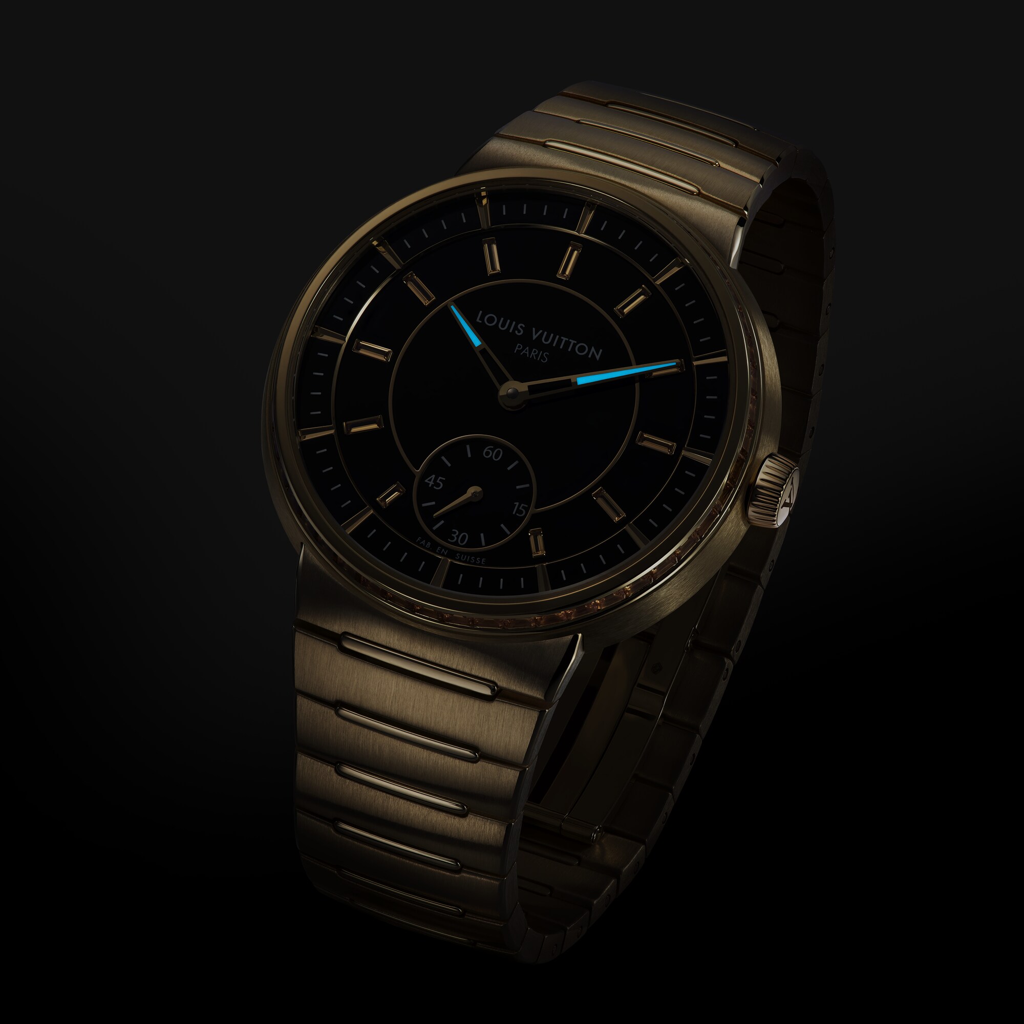 Montre Tambour, automatique, 40 mm, or jaune, onyx, saphirs  Montres Toutes les montres } | LOUIS VUITTON (Zoom produit)