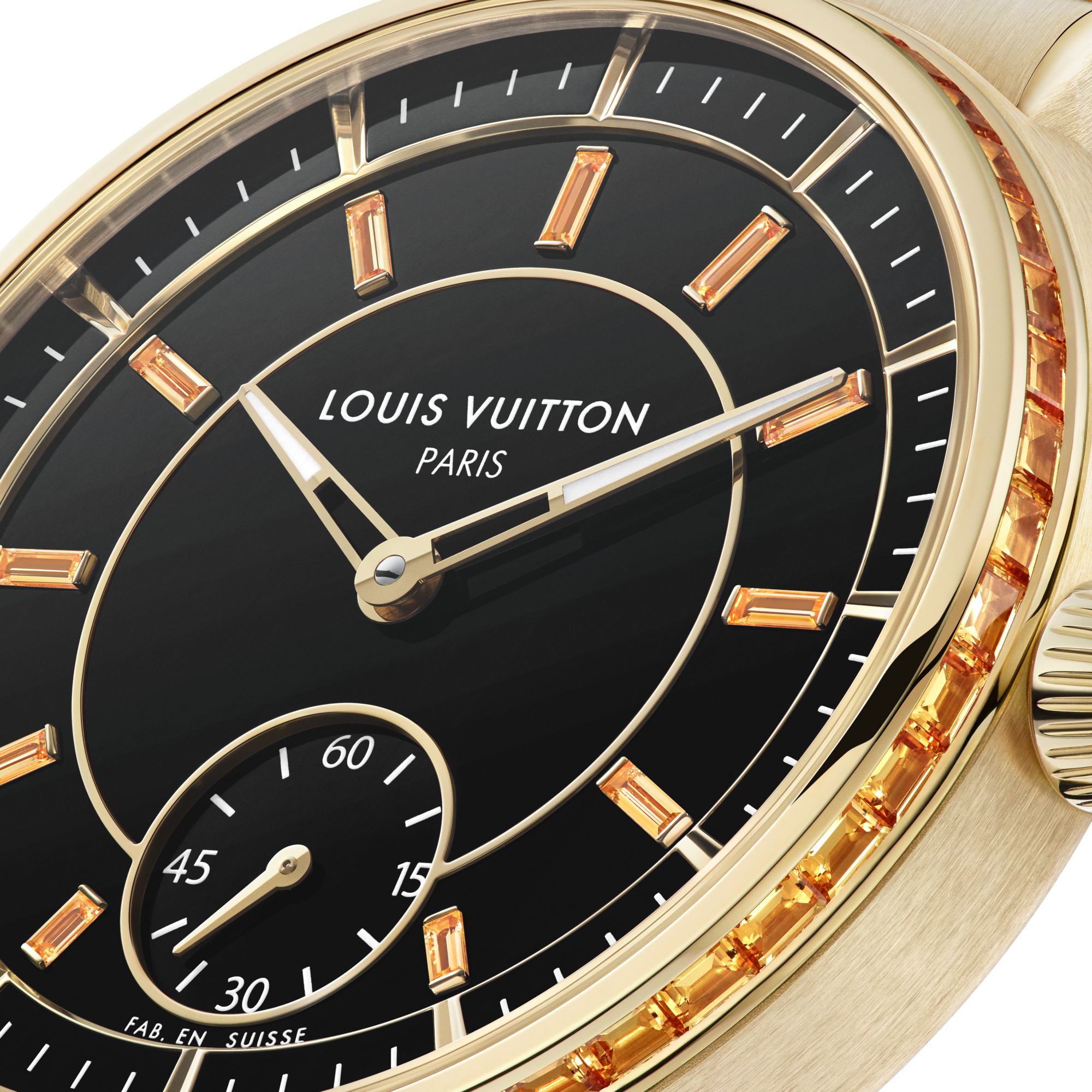 Montre Tambour, automatique, 40 mm, or jaune, onyx, saphirs  Montres Toutes les montres } | LOUIS VUITTON (Zoom produit)