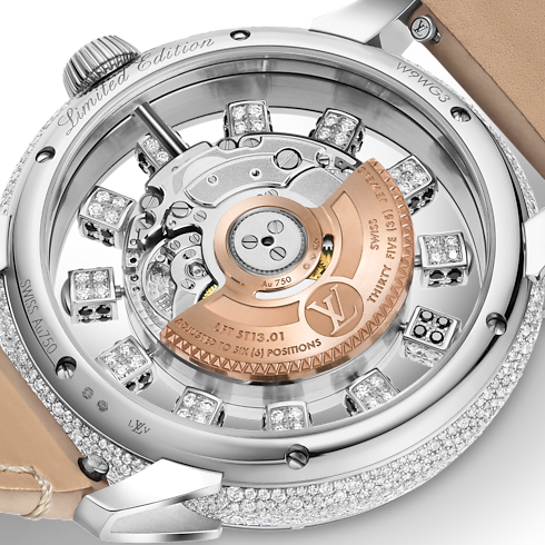Montre Tambour Taiko Spin Time Air, Automatique, 42,5 mm, or blanc, œil de faucon et diamants Montres Toutes les montres } | LOUIS VUITTON (Zoom produit)