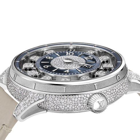 Montre Tambour Taiko Spin Time Air, Automatique, 42,5 mm, or blanc, œil de faucon et diamants Montres Toutes les montres } | LOUIS VUITTON (Zoom produit)