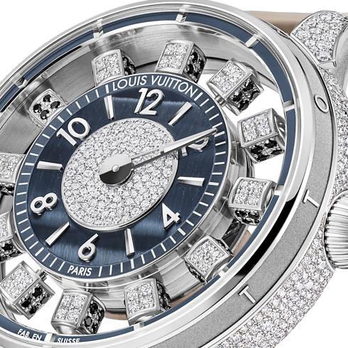 Montre Tambour Taiko Spin Time Air, Automatique, 42,5 mm, or blanc, œil de faucon et diamants Montres Toutes les montres } | LOUIS VUITTON (Zoom produit)