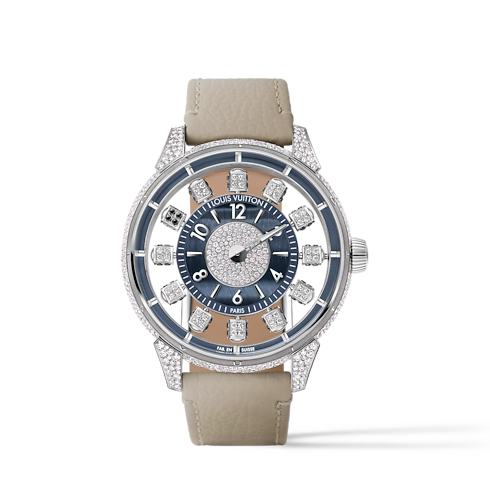 Montre Tambour Taiko Spin Time Air, Automatique, 42,5 mm, or blanc, œil de faucon et diamants Montres Toutes les montres } | LOUIS VUITTON (Zoom produit)