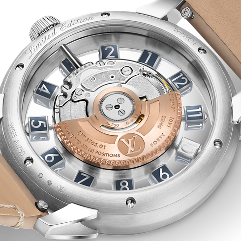 Montre Tambour Taiko Spin Time Air Flying Tourbillon, Automatique, 42,5 mm, or blanc Montres Toutes les montres } | LOUIS VUITTON (Zoom produit)