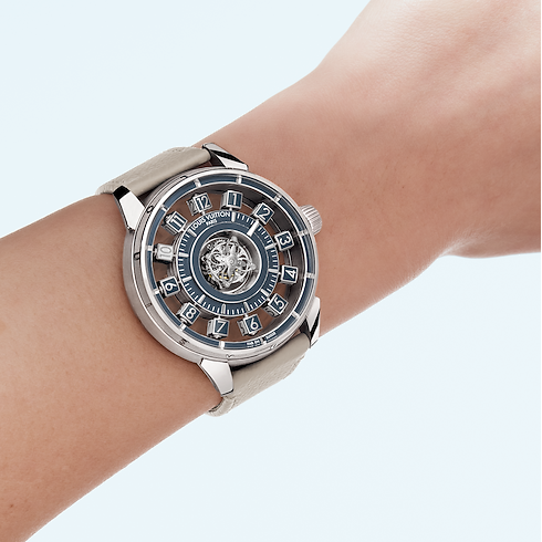 Montre Tambour Taiko Spin Time Air Flying Tourbillon, Automatique, 42,5 mm, or blanc Montres Toutes les montres } | LOUIS VUITTON (Zoom produit)