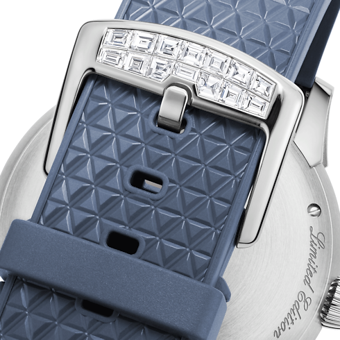 Montre Tambour Spin Time, automatique, 39,5 mm, or blanc, œil de faucon et diamants vue arrière
