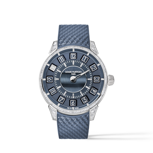 Montre Tambour Spin Time, automatique, 39,5 mm, or blanc, œil de faucon et diamants vue de face