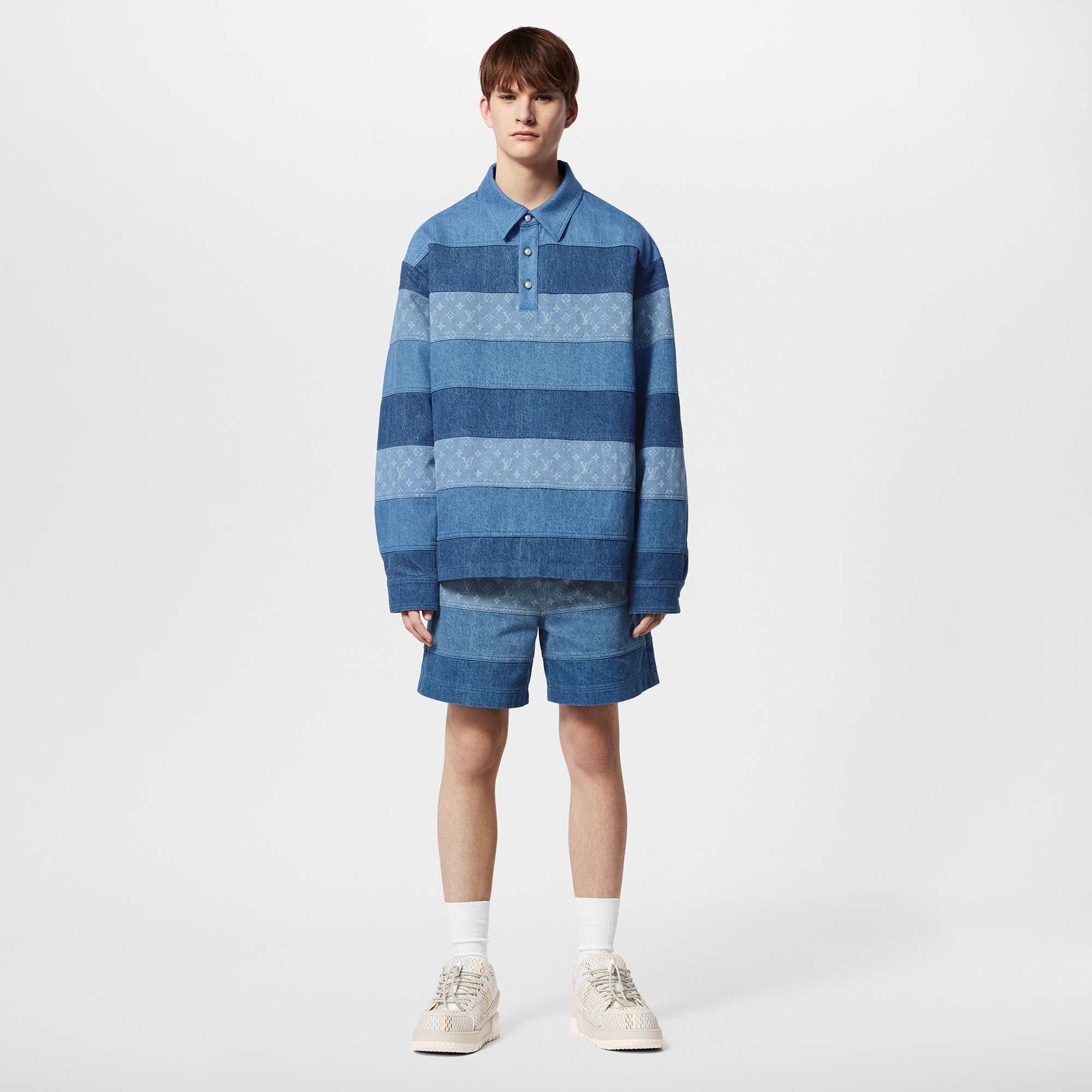 Short rayé patchwork en denim  Homme Prêt-à-porter Pièces en denim | LOUIS VUITTON (Zoom produit)