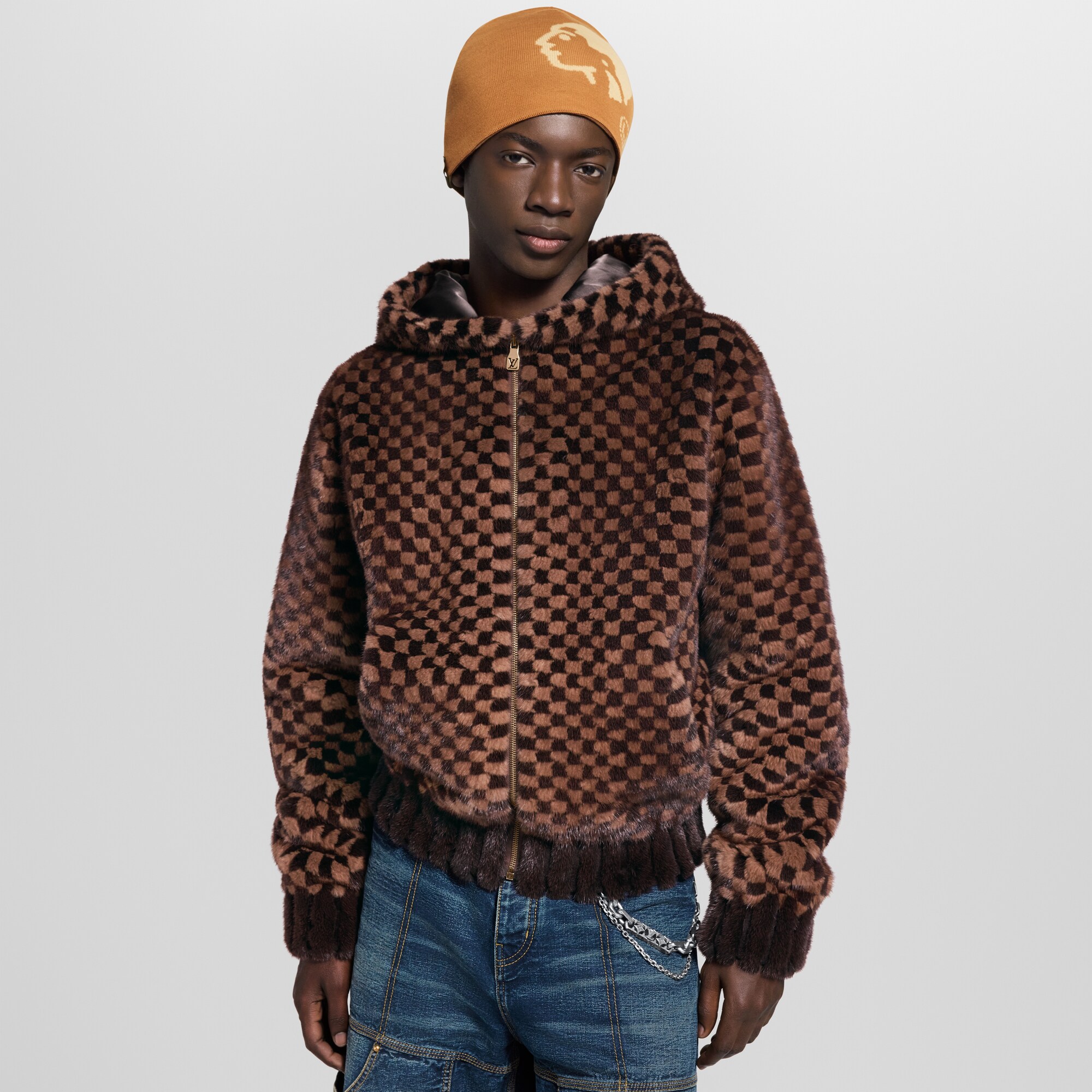 Sweat à capuche zippé Damier en intarsia de vison  Homme Prêt-à-porter Tout le prêt-à-porter | LOUIS VUITTON (Zoom produit)