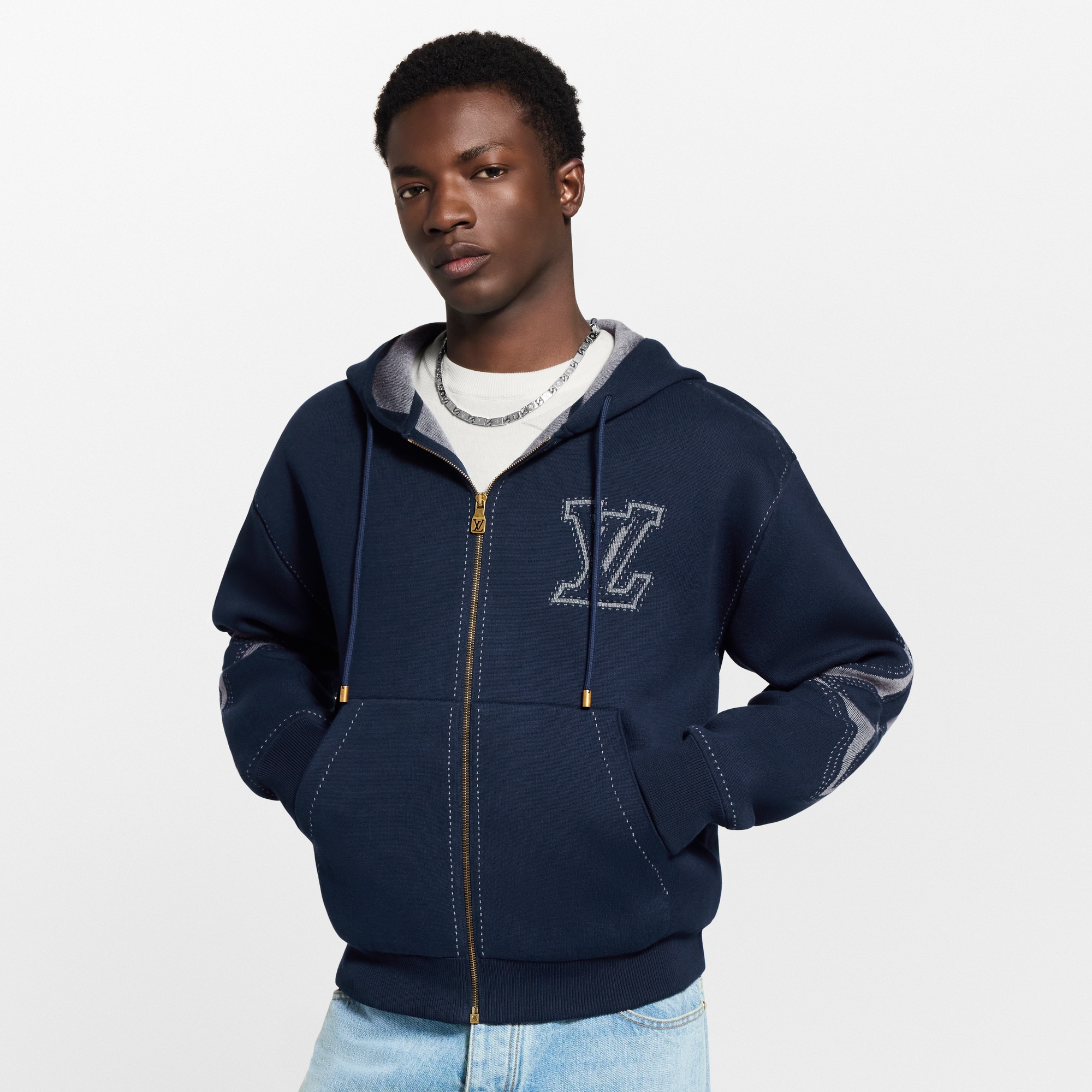 Sweat zippé à capuche à motif intarsia en coton  Homme Prêt-à-porter Tout le prêt-à-porter | LOUIS VUITTON (Zoom produit)